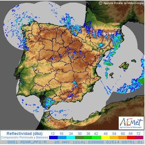 Imagen composición mosaico nacional de las 03 UTC del 20 de mayo de 2012, unidades en reflectividad. Fuente: AEMET