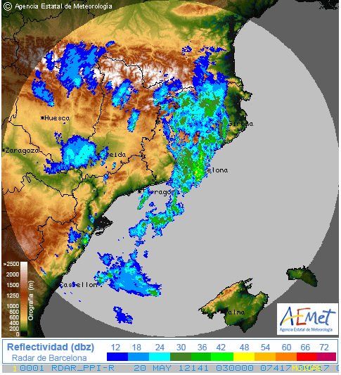 Imagen PPI de las 03 UTC del 20 de mayo de 2012 según el radar de Barcelona, unidades en reflectividad. Fuente: AEMET