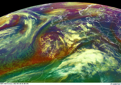 Animación de&nbsp; imágenes RGB de masas de aire de las primeras horas del día 20 de mayo. Fuente: EUMETSAT