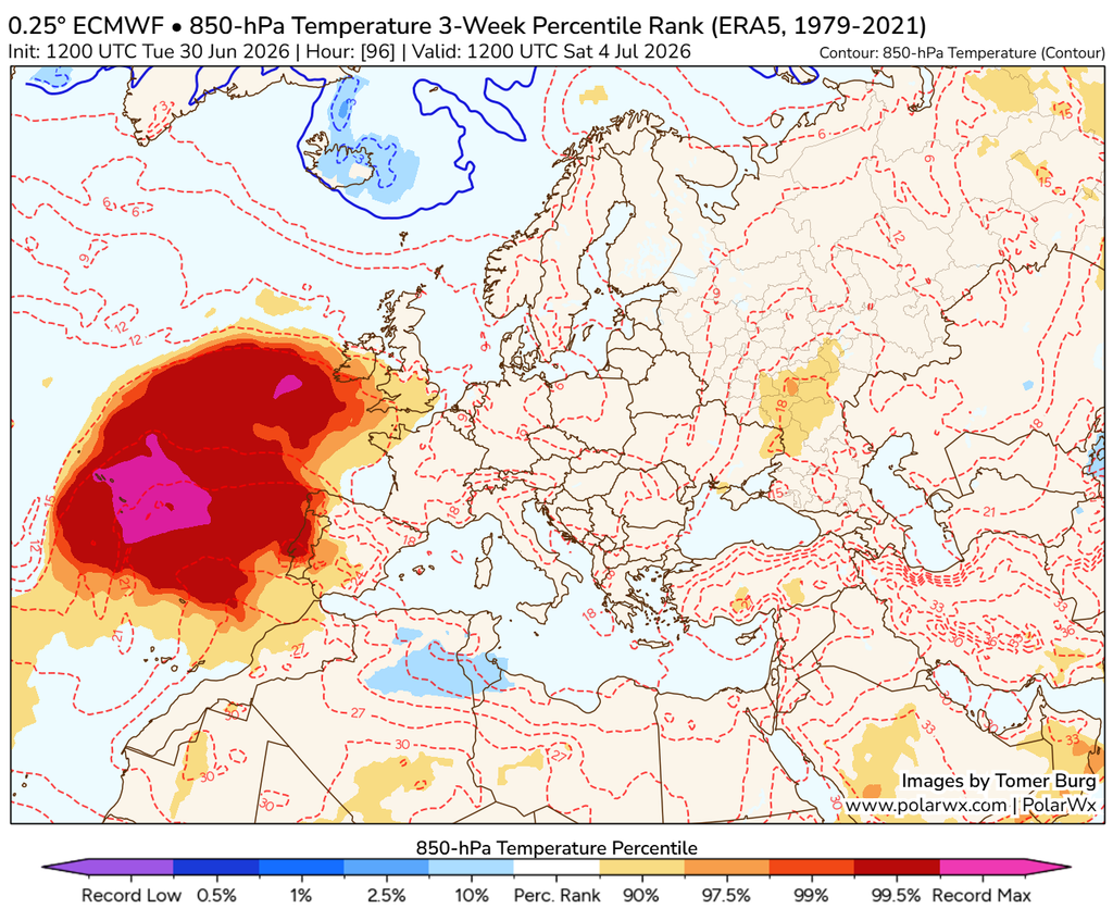 Señales de la presencia de un domo o cúpula de calor para el 4 de julio de 2026: geopotencial en 500 hPa/5.500 m aprox., con valores altísimos en rojo-fucsia, y, abajo, temperaturas en 850 hPa/1.500 m aprox., con altos valores en rojo-fucsia. Fuente: mapas de Tomer Burg, según modelo del ECMWF-ERA5