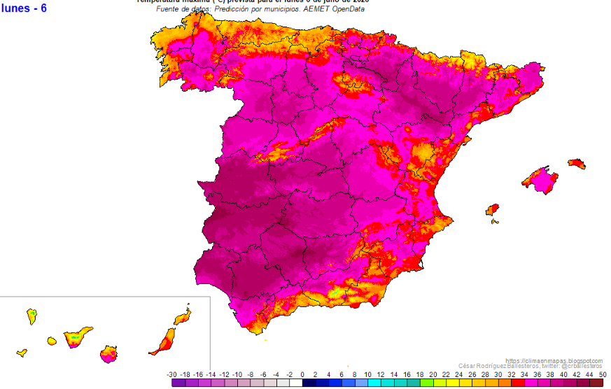 Temperaturas máximas previstas para el domingo, 5 de julio, y lunes, 6 de julio de 2026, según mapas de César Rodriguez Ballesteros https://climaenmapas.blogspot.com/