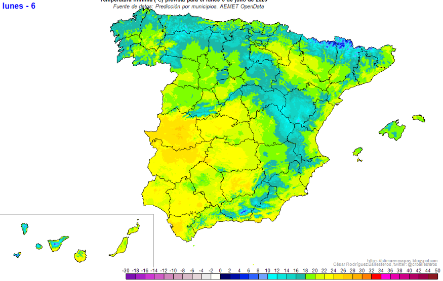 Temperaturas mínimas previstas para el domingo, 5 de julio, y lunes, 6 de julio de 2026, según mapas de César Rodriguez Ballesteros https://climaenmapas.blogspot.com/