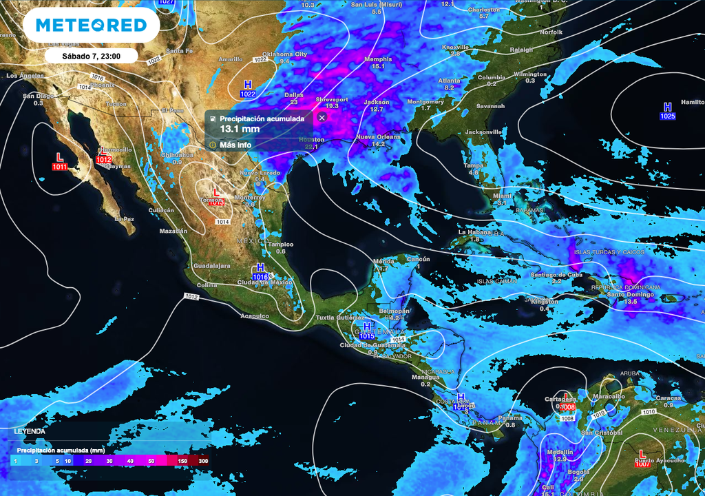 Aguaceros con acumulados de hasta 30 mm en Tamaulipas, y de 14 a 20 mm en el Norte, Oriente y Sureste.