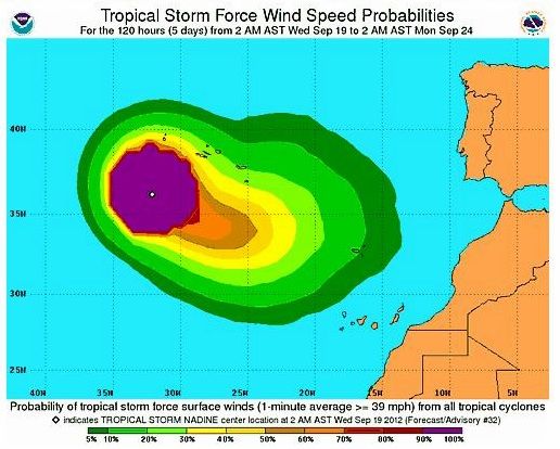 RAM: “Nadine” cerca de España en septiembre de 2012 con mapas de probabilidad de vientos con fuerza de tormenta tropical.