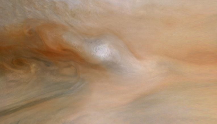 Une caméra de la sonde Juno de la NASA a capturé cette image d’une tempête de haute altitude — une colonne de supertempête cachée — dans la ceinture équatoriale nord de Jupiter le 12 janvier 2022. La tête de la tempête est blanche en raison de cristaux d’ammoniac gelés. Les nuages plus rougeâtres se situent plus profondément dans l’atmosphère. Michael Wong, de l’Université de Californie à Berkeley, a analysé les éclairs produits par quatre supertempêtes cachées comme celle-ci entre 2021 et 2022. NASA/JPL-Caltech/SwRI/MSSS/Björn Jónsson © cc nc sa