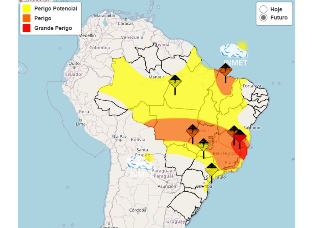Alertas amarelo, laranja e vermelho de chuvas intensas para esta quinta-feira (09), segundo o INMET. Alertas amarelo, laranja e vermelho de chuvas intensas para esta quinta-feira (09), segundo o INMET.
