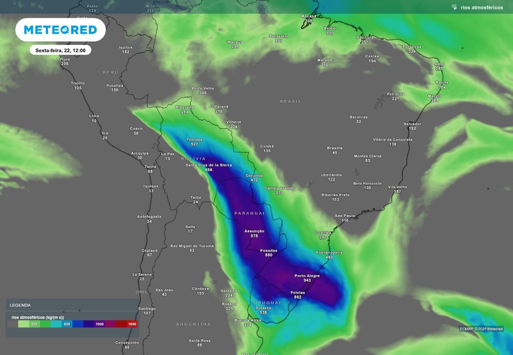 Previsão de rio atmosférico sobre o RS nesta sexta-feira (22), de acordo com o ECMWF.