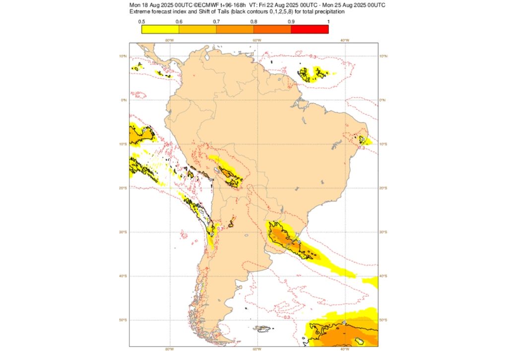 EFI do ECMWF para a precipitação entre sexta (22) e domingo (24). Créditos: ECMWF.