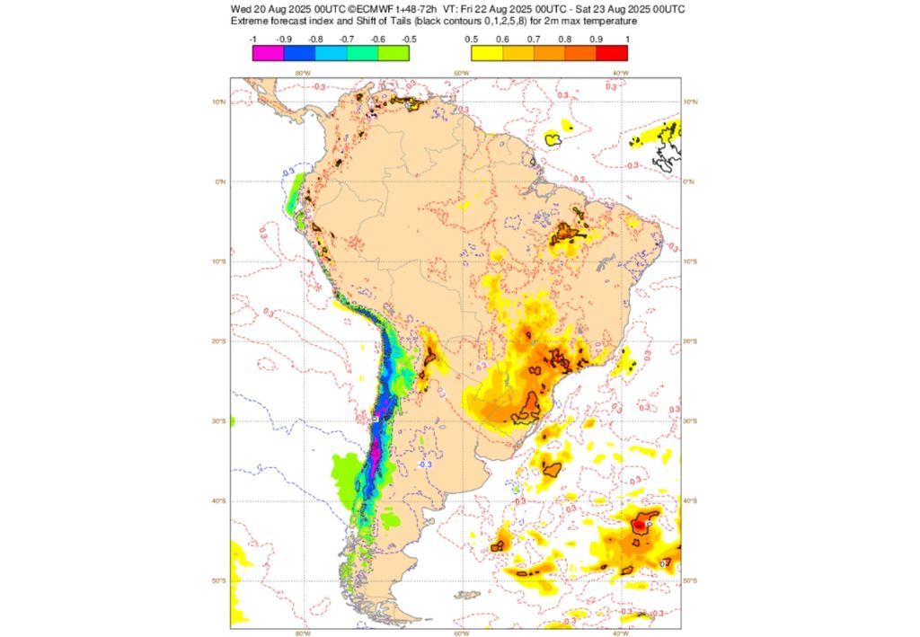 EFI de temperatura máxima para esta sexta-feira (22). Créditos: ECMWF.