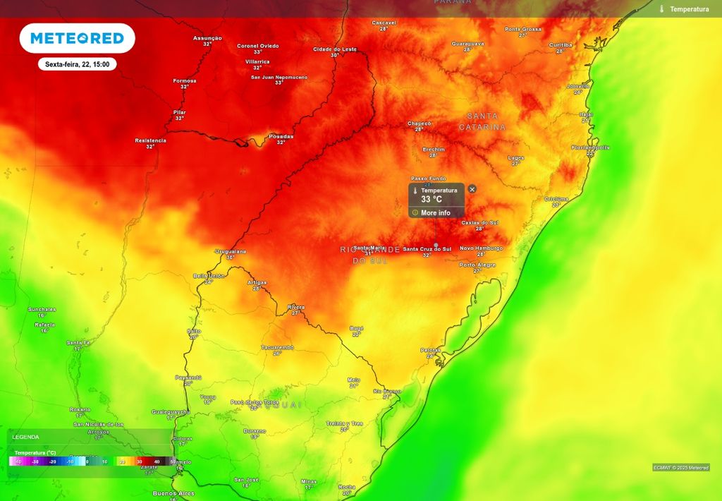 Previsão de temperatura máxima nesta sexta-feira (22), de acordo com o ECMWF.