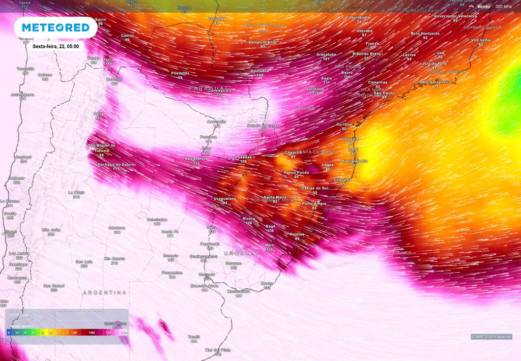 Previsão de divergência do vento em altos níveis sobre o Rio Grande do Sul, nesta sexta-feira (22), de acordo com o ECMWF.