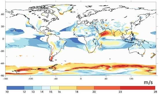 Figura 2.- Mapa de velocidades del viento en el mundo durante el mes de junio en bajos niveles de la atmósfera. Imagen: Archer, C.L., L. (2014)