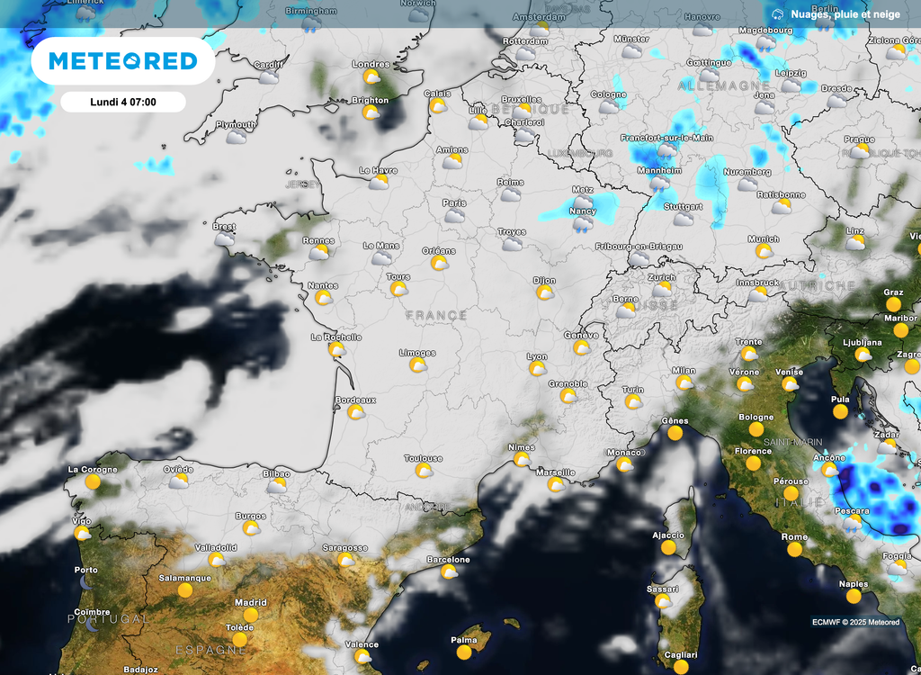 Quelques pluies assez faibles sont possibles dans le nord-est en début de matinée de lundi.
