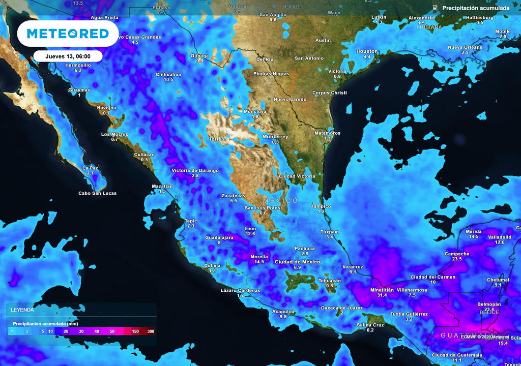 Pronóstico de lluvias acumuladas en milímetros Lluvias muy fuertes se esperan en el Sureste al paso de una Onda Tropical, así como también en la mitad centro-occidente; granizadas e inundaciones probables.