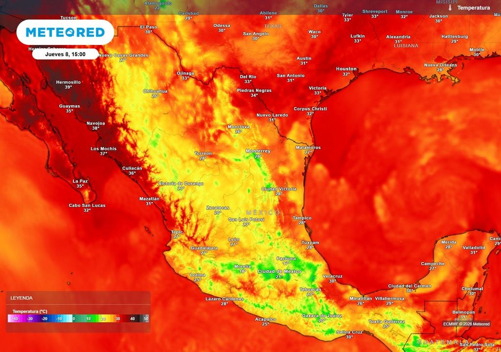 Pronóstico de temperaturas en grados Celsius Seguirá refrescándose estados del centro y porciones altas gracias a las intensas lluvias pronosticadas con 14-25 °C, pero con intenso calor >40 °C en el noroeste.