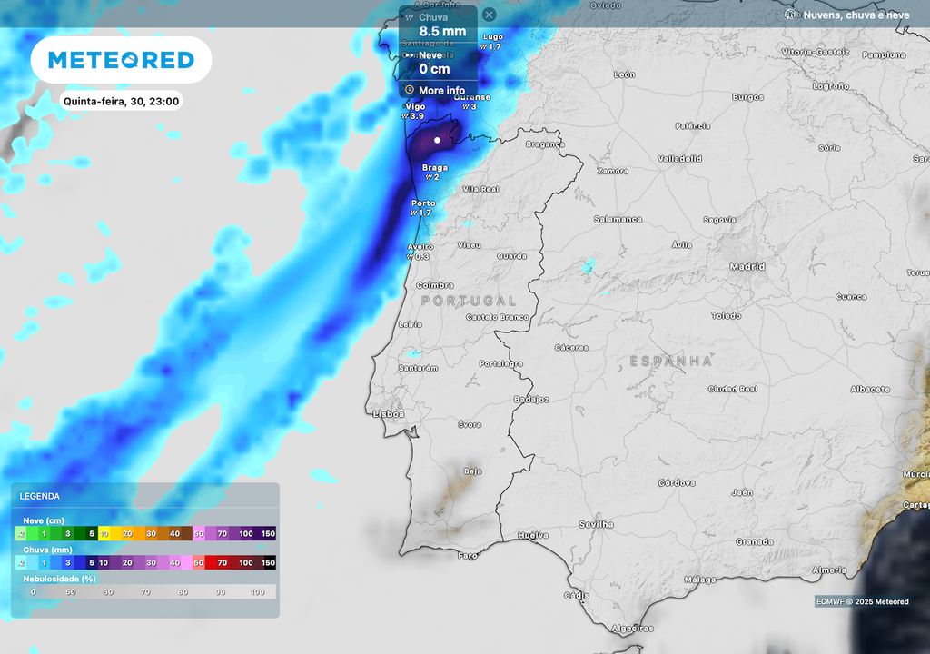 Precipitação regressa ao final do dia de amanhã, depois de céu muito nublado durante o dia.