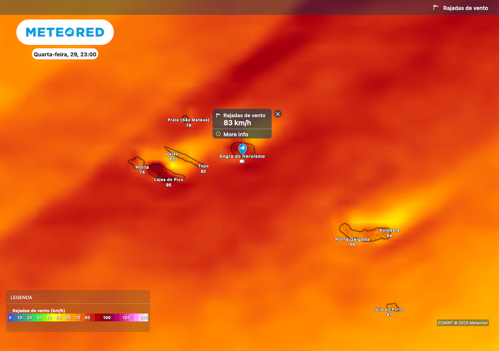 Rajadas que podem chegar aos 90 km/h nos Açores nesta quinta-feira.