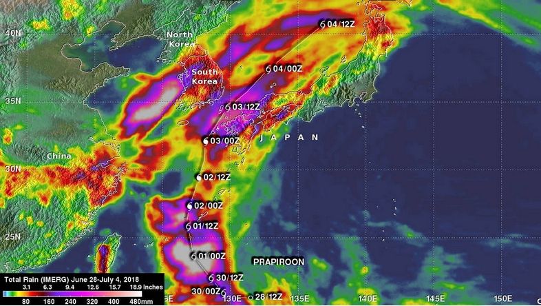 Precipitación estimada por IMERG desde el 28 de junio al 6 de julio de 2018 para la zona donde el tifón Prapiroon se desplazó Precipitación estimada por IMERG desde el 28 de junio al 6 de julio de 2018 para la zona donde el tifón Prapiroon se desplazó