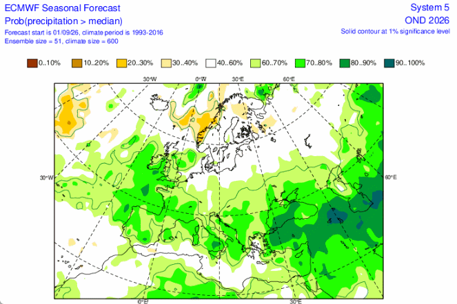 Ídem que el caso anterior pero con las zonas de más precipitación respecto a la media en verdes, y menos probabilidad en naranja. ECMWF
