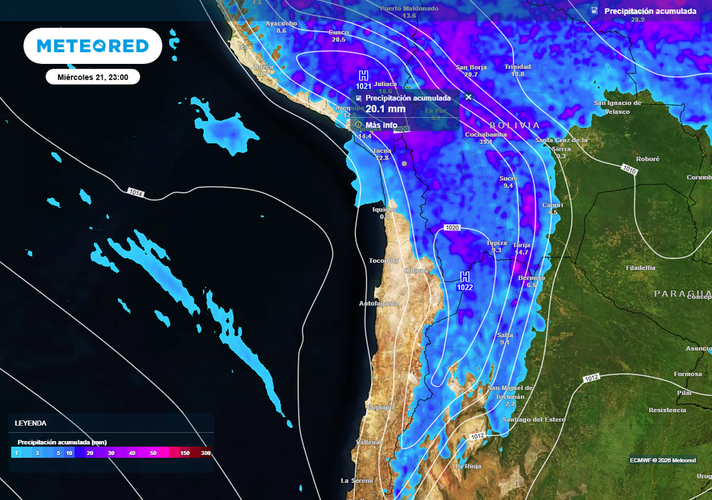 Precipitación acumulada (mm) hasta la noche del miércoles 21 de enero 2026 en el norte de Chile.