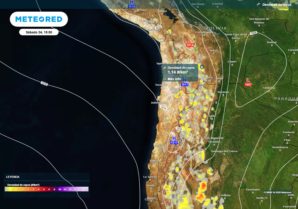 Densidad de rayos (#/km2) para la tarde del sábado 24 de enero 2026 en el norte de Chile.