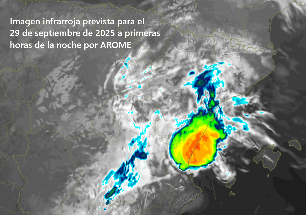 Imagen realzada en topes fríos prevista para el 29 de septiembre de 2025 sobre las 03 aprox. por el modelo AROME. Fuente. Meteociel