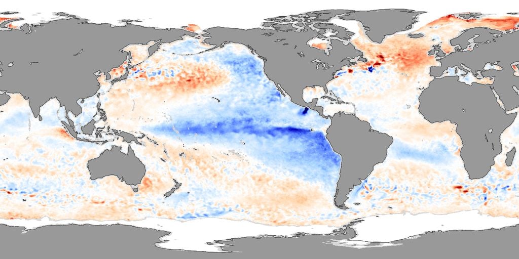 Anomalías de la temperatura de la superficie del mar,, SST, mostrando condiciones de La Niña (azul) en noviembre de 2007 sobre el Pacífico ecuatorial central y oriental. Fuente: NASA Earth Observatory