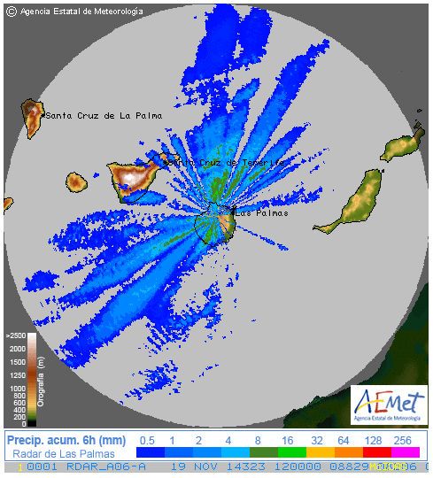 Precipitaciones Y Rachas En Canarias: Registros Del 19/11/2014 Datos de AEMET, arriba y meteoclimatic.com, abajo.Imagen radar de estimación de acumulación en 6 h del radar de Canarias, 12-18 UTC. Muy poco “ve” de estas lluvias.