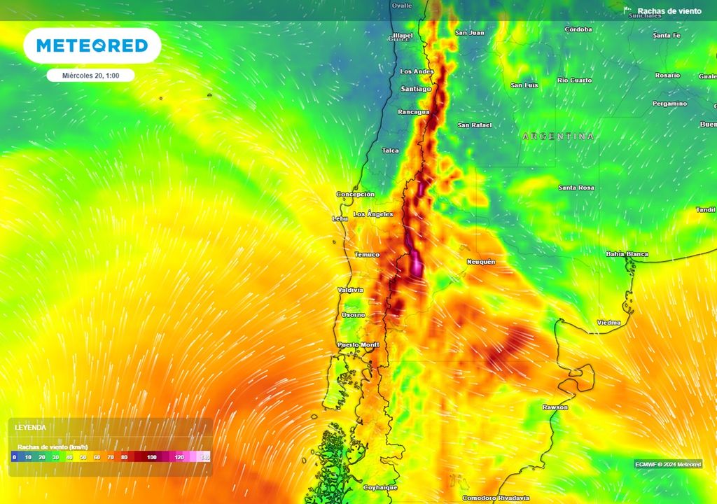 Viento máximo previsto por el modelo ECMWF