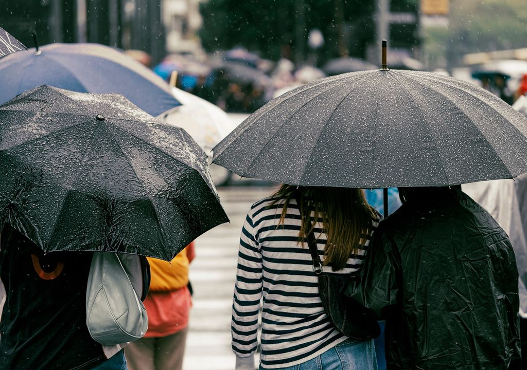 personas con paraguas en una calle, caminando bajo la lluvia