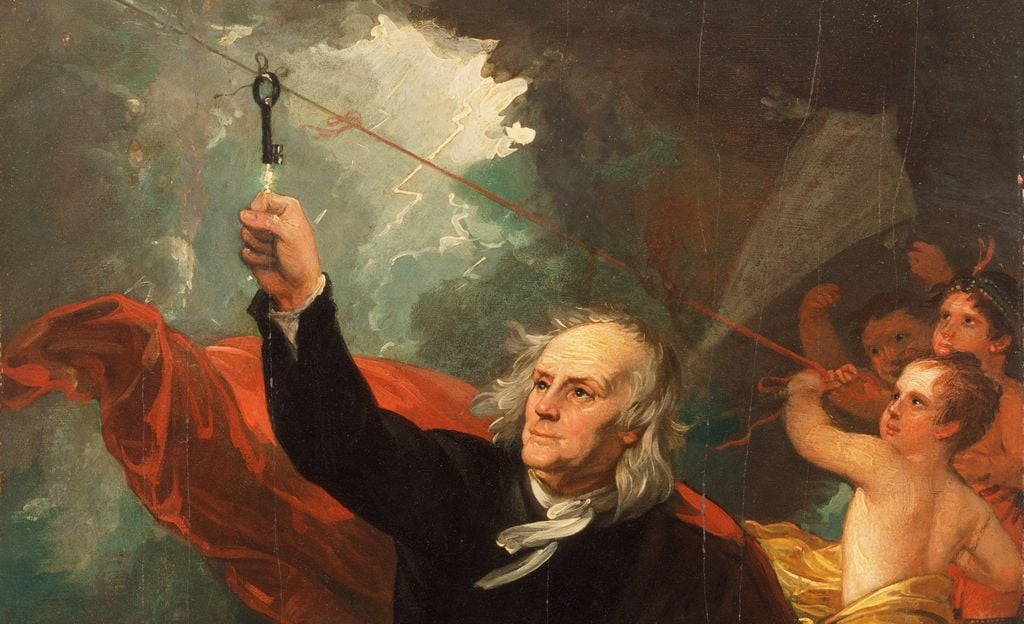 Franklin y la cometa Detalle del cuadro Benjamin Franklin extrayendo electricidad del cielo, pintado por Benjamin West hacia 1816 © Museo de Arte de Filadelfia.