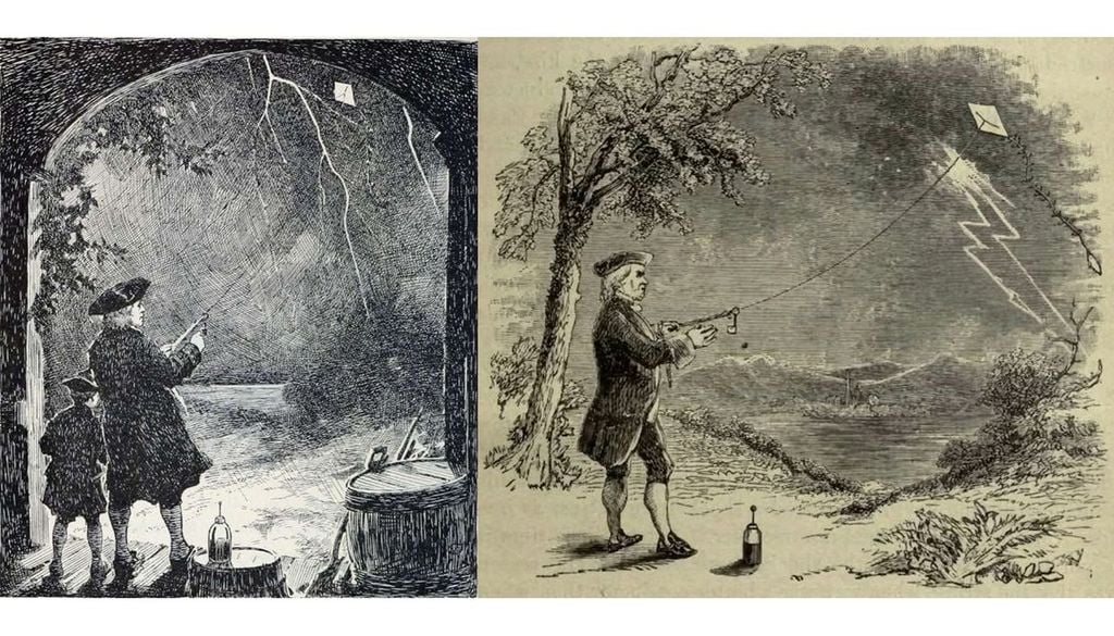 Ilustraciones del experimento de Franklin Dos ilustraciones donde se representa el experimento de la cometa de Franklin. En la de la izquierda (publicada en The Youth's Book on Natural Theology, 1840) le vemos acompañado de un niño y bajo techo, en el de la derecha vemos a Franklin solo y a en campo abierto bajo la tormenta.