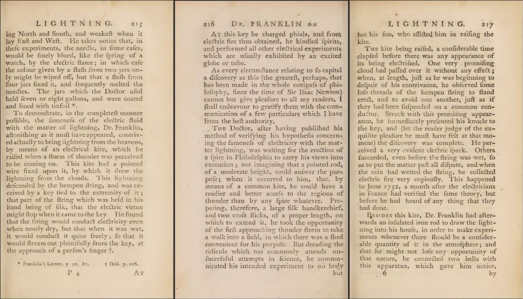 Páginas del libro de Priestley Páginas 215 a 217 del libro de Joseph Priestley The History and Present State of Electricity, with Original Experiments (Londres, 1767), donde aparece la descripción del experimento de la cometa de Franklin de 1752.