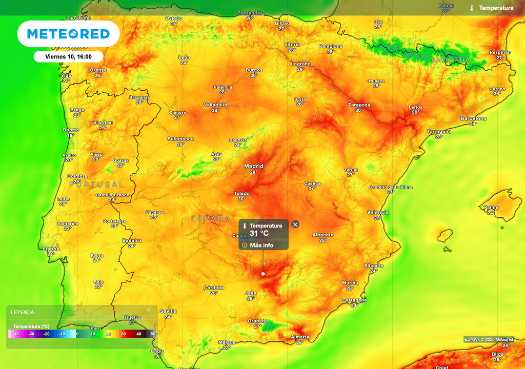 Temperaturas máximas previstas el viernes a las 16:00 por el modelo europeo, en el pico del episodio cálido.