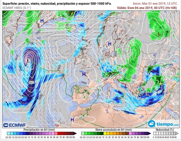 Mapas de superficie del 6 de enero de 2019 a las 00 UTC: Campos de presión en superficie, viento significativo y precipitación acumulada en 6 h en escala de colores para las áreas Europea. Tiempo.com