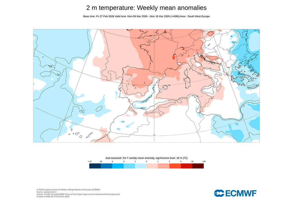 El modelo europeo apunta a temperaturas que se situarán por encima del promedio de la primera quincena de marzo en el centro y norte peninsular.