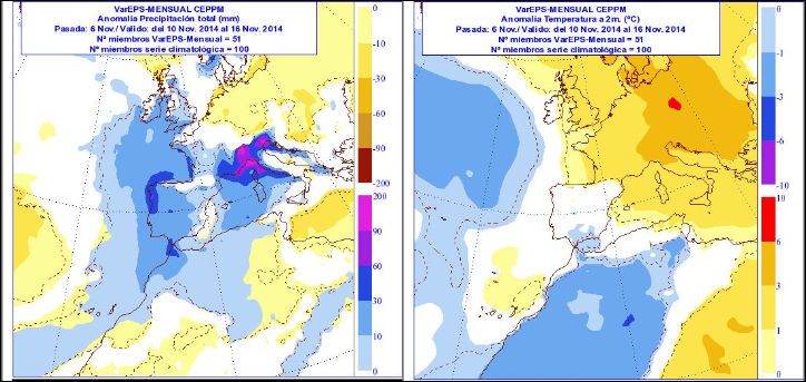 Dos de los mapas presentados en las nuevas predicciones de AEMET: anomalías de precipitación y temperatura.