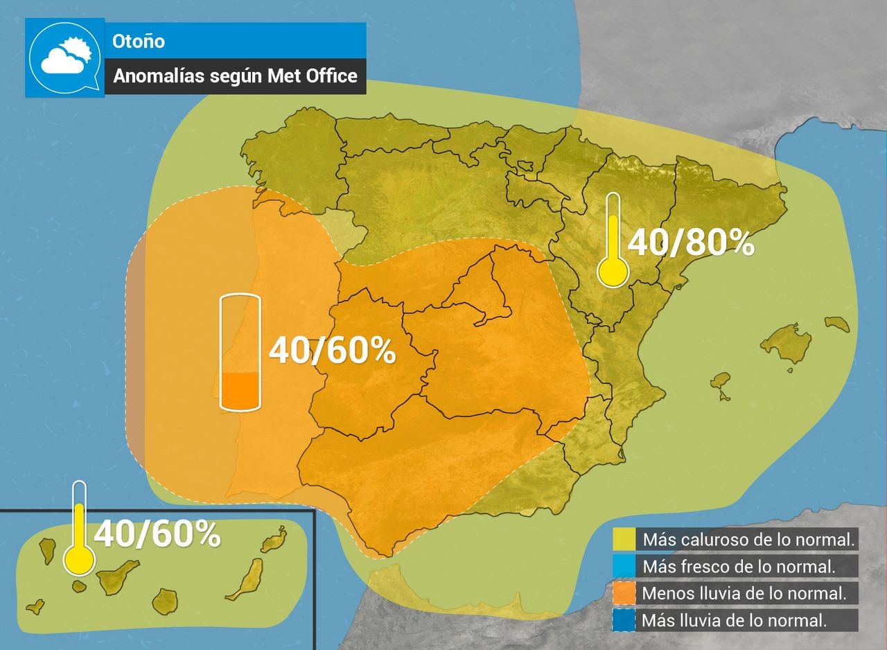 Anomalías previstas por Met Office y probabilidad de que se cumplan. Grafismo de Tiempo.com