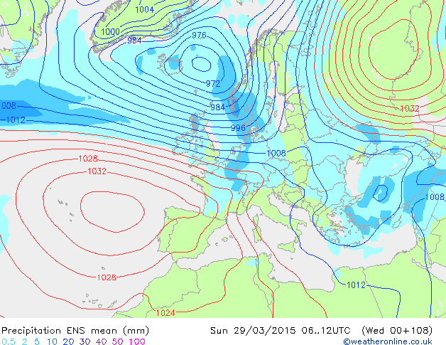 Predicciones Para Semana Santa 2015: Tendencias A Fecha De 25 De Marzo Ídem que en el caso anterior pero referido a la precipitación "media" del modelo GFS-ENS. Salidas del 25 de marzo de 2015