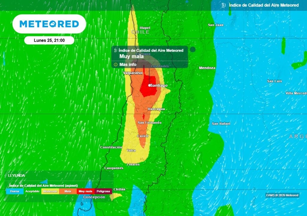 Entre el lunes en la noche y el martes, las condiciones de calidad del aire serán muy malas en todo el interior de la zona central.