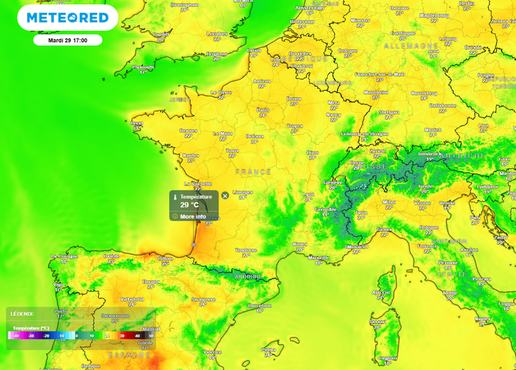Mardi après-midi, les maximales s'approcheront localement des 30°C sur les plages d'Aquitaine. Mardi après-midi, les maximales s'approcheront localement des 30°C sur les plages d'Aquitaine.