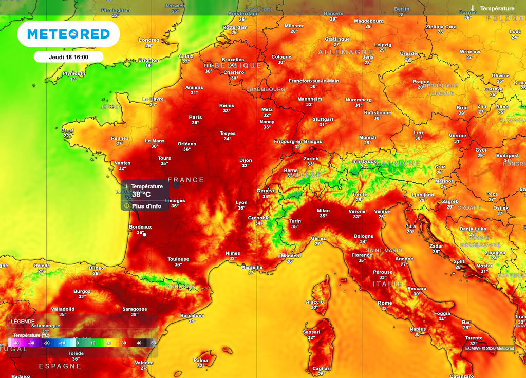 Températures jeudi après-midi Un tiers de la France subira de très fortes chaleurs ce jeudi après-midi, avec des pointes à 38°C sur le Centre et le Sud-Ouest.