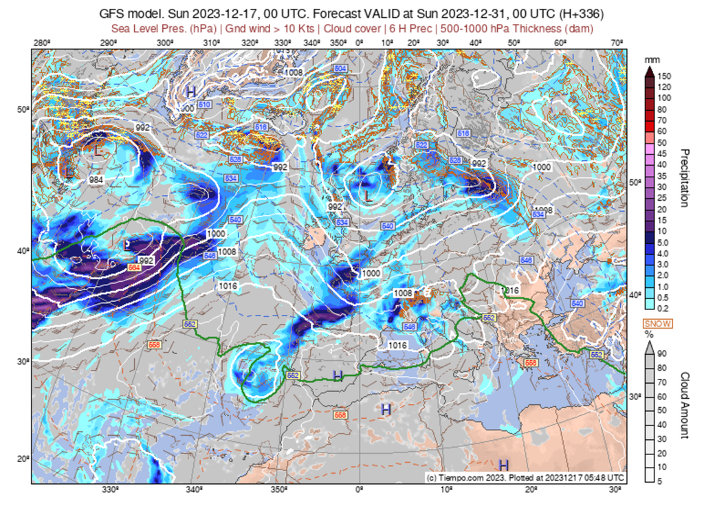 Flux de Sud-Ouest à Ouest humide en perspective pour les tous derniers jours de 2023 et le premier de 2024.