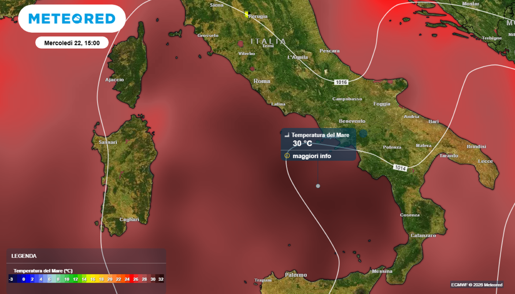 Ecco i valori delle temperature dei mari in superficie, fino a oltre +30°C sul Tirreno.