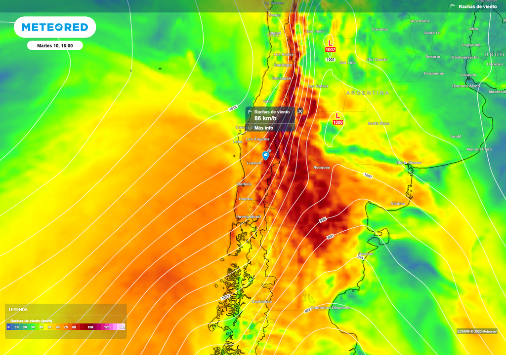 Las rachas de viento se intensificarán en horas de la tarde de este martes 10. Habrá sectores del sur donde el viento alcanzará más de 90 km/h.