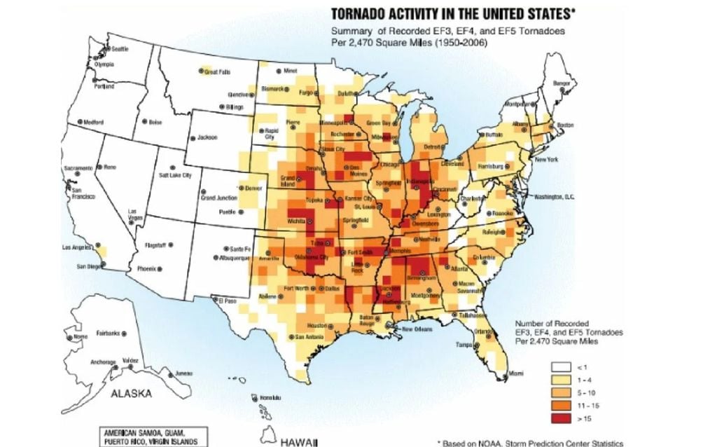 Frecuencia de tornados fuertes (≥EF3) en los Estados Unidos. Créditos: NOAA. Frecuencia de tornados fuertes (≥EF3) en los Estados Unidos. Créditos: NOAA.