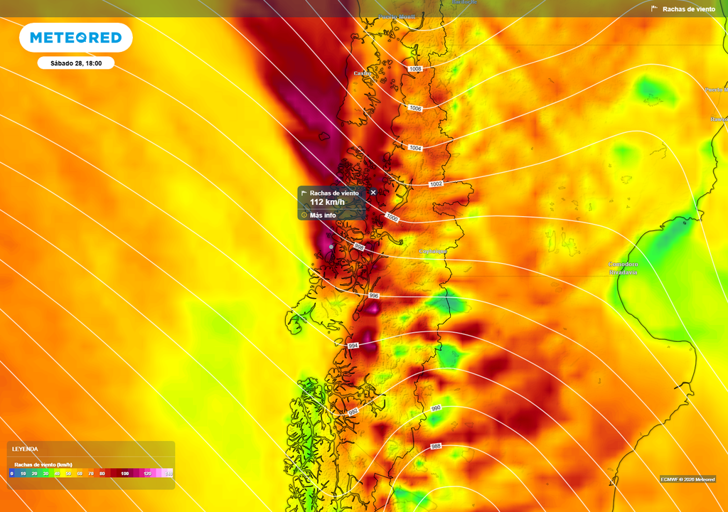 Rachas de viento intensas impactarán el sur de Chile este sábado, con valores que podrían superar los 110 km/h, asociados a un sistema frontal activo y fuerte gradiente de presión.