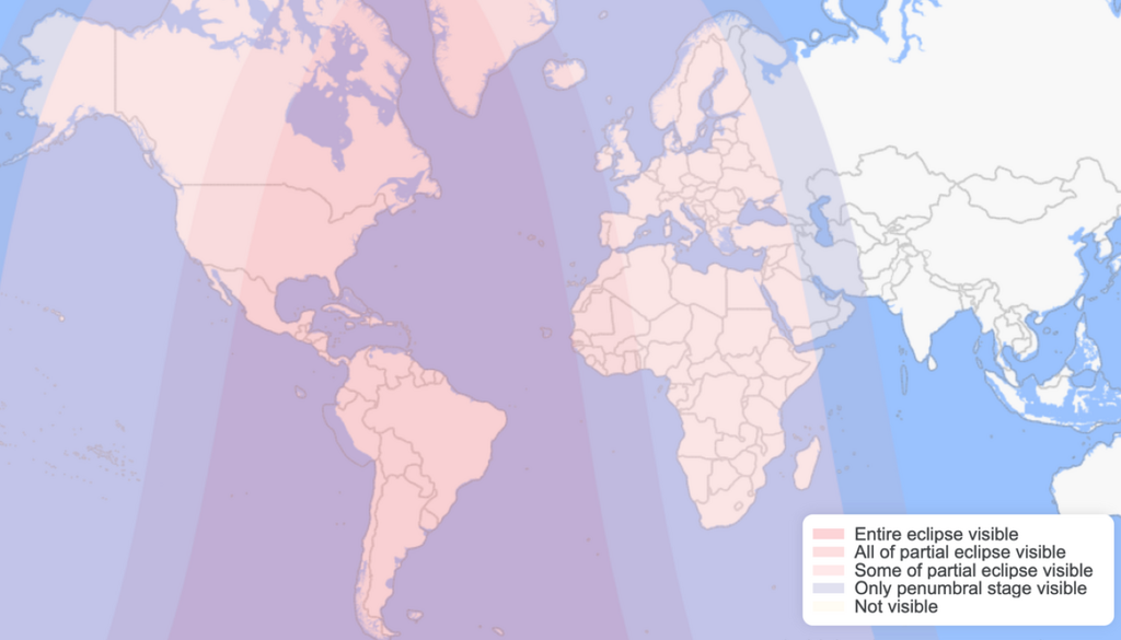 Regiones donde se podrá apreciar el máximo del eclipse parcial de Luna. Crédito: timeanddate.
