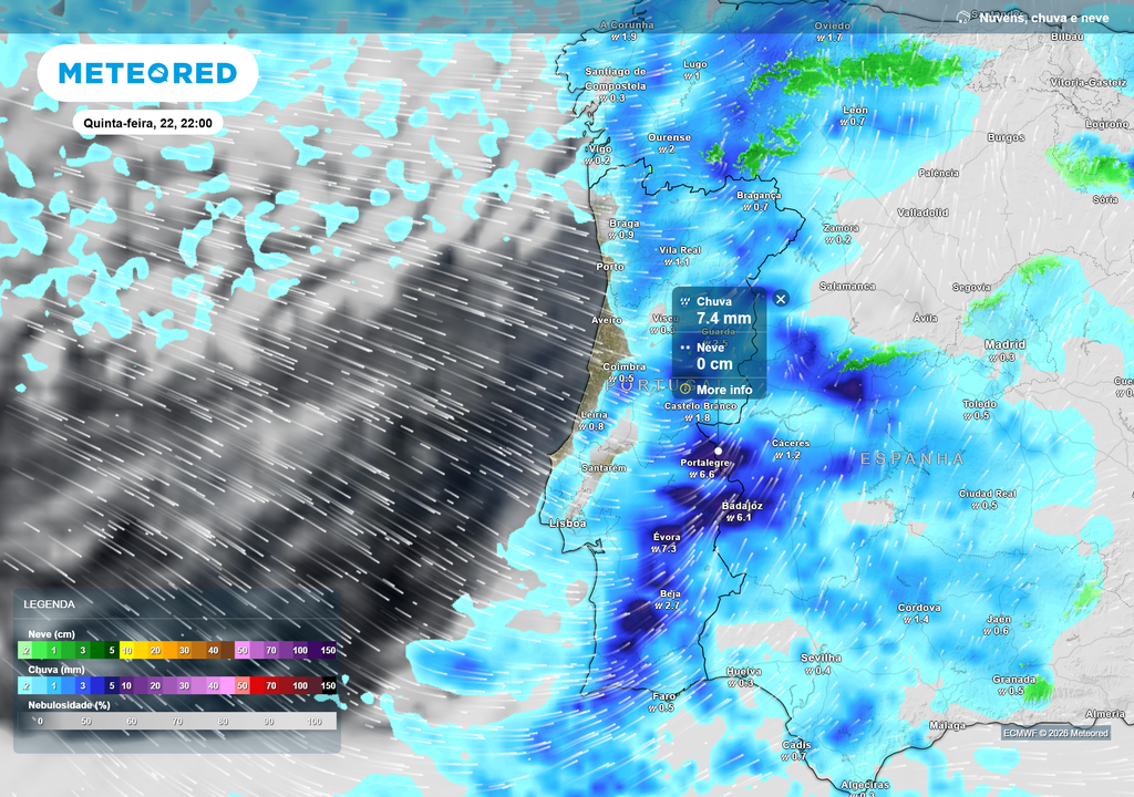 Precipitação moderada a localmente forte em grande parte do território continental, com núcleos mais intensos a afetar o Alentejo durante a noite.