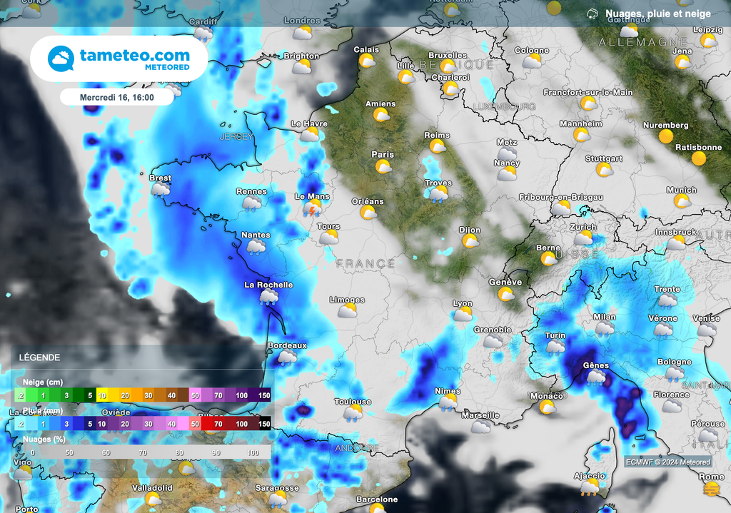 Les pluies gagnent l'ouest de la France cet après-midi.